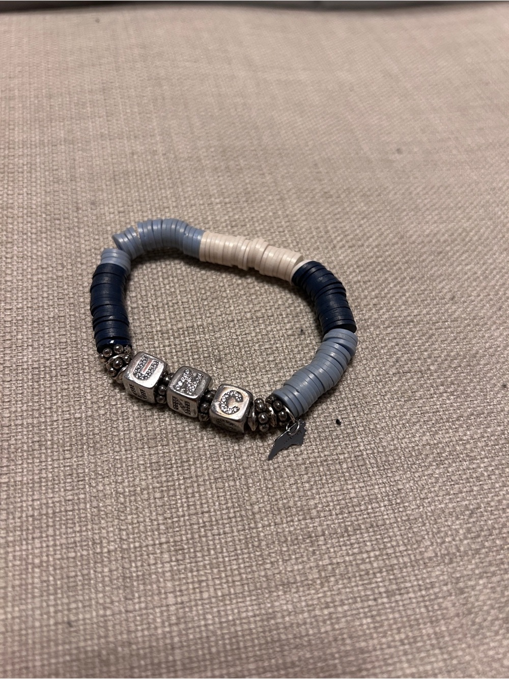 UNC Beaded Letter Charm Stretch Bracelet in Navy, Light Blue & Cream